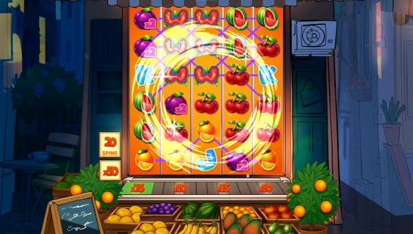 Screenshot of Fruit Shop Grand Re Opening slot demo showing reels and bonus game features