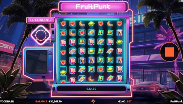 Screenshot of FruitPunk slot demo showing reels and bonus game features
