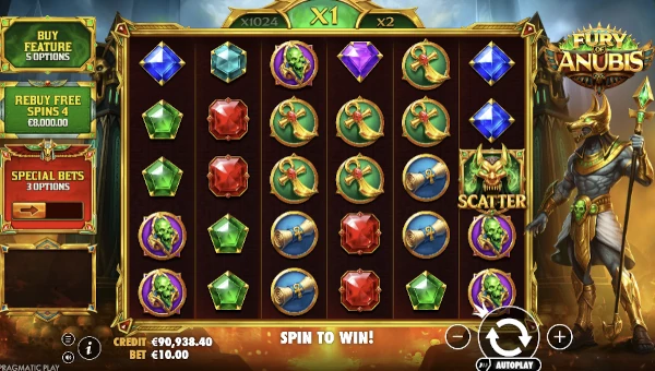 Fury of Anubis base game screenshot showing reels and features