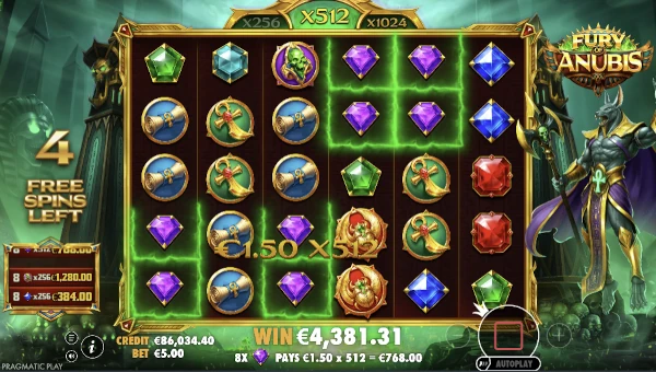 Screenshot of Fury of Anubis slot demo showing reels and bonus game features