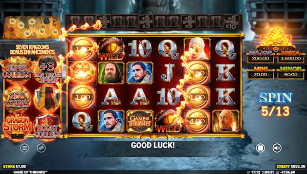 Screenshot of Game of Thrones slot demo showing reels and bonus game features