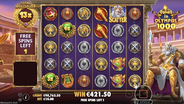 Screenshot of Games in Olympus 1000 slot demo showing reels and bonus game features