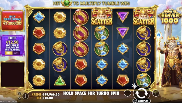Gates of Heaven 1000 base game screenshot showing reels and features