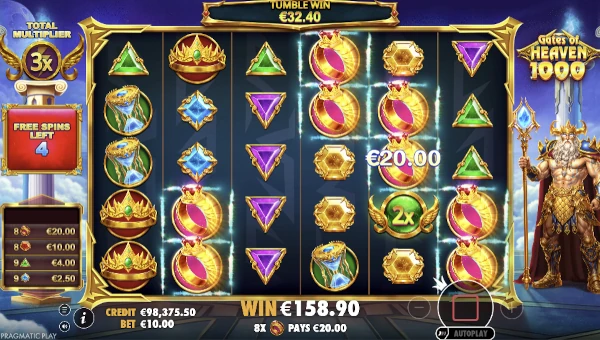 Screenshot of Gates of Heaven 1000 slot demo showing reels and bonus game features
