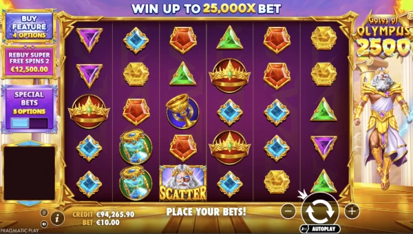 Gates of Olympus 2500 base game screenshot showing reels and features