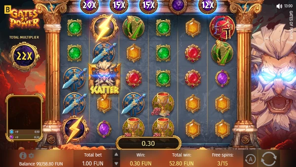Screenshot of Gates of Power slot demo showing reels and bonus game features