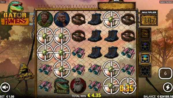 Screenshot of Gator Hunters slot demo showing reels and bonus game features