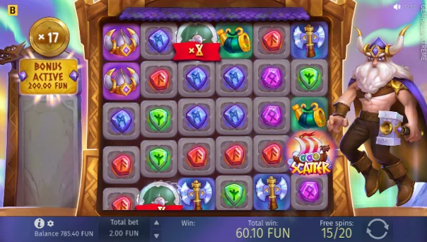 Screenshot of Gemhalla Xtreme slot demo showing reels and bonus game features