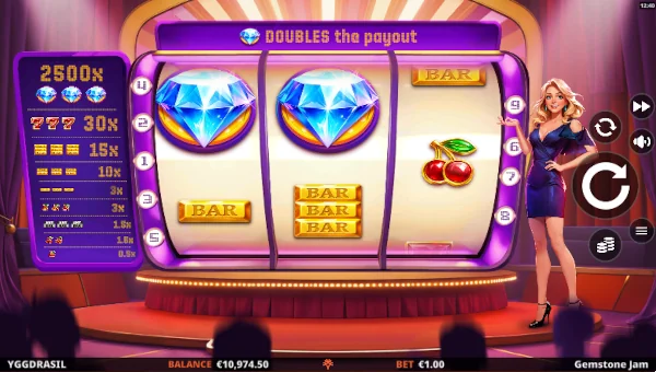 Gemstone Jam base game screenshot showing reels and features