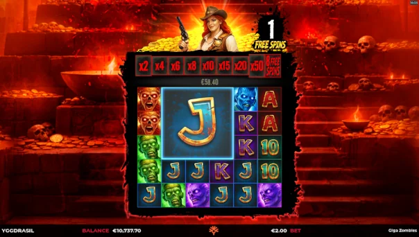 Screenshot of Giga Zombies GigaBlox slot demo showing reels and bonus game features