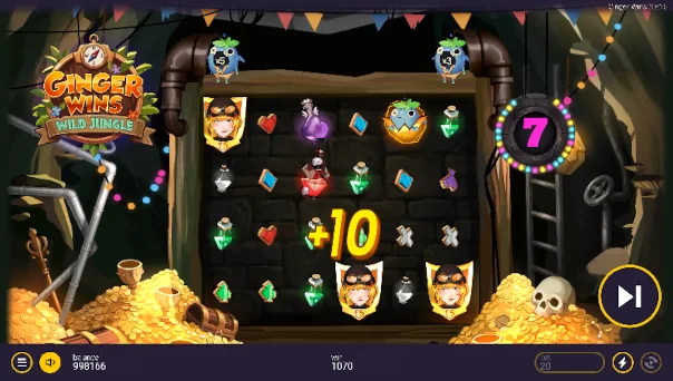Screenshot of Ginger Wins Wild Jungle slot demo showing reels and bonus game features