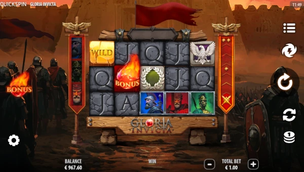 Gloria Invicta base game screenshot showing reels and features