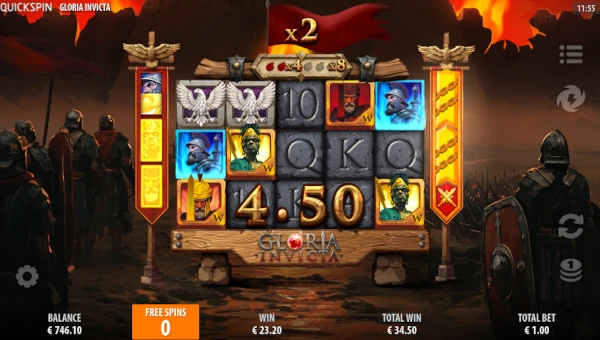 Screenshot of Gloria Invicta slot demo showing reels and bonus game features