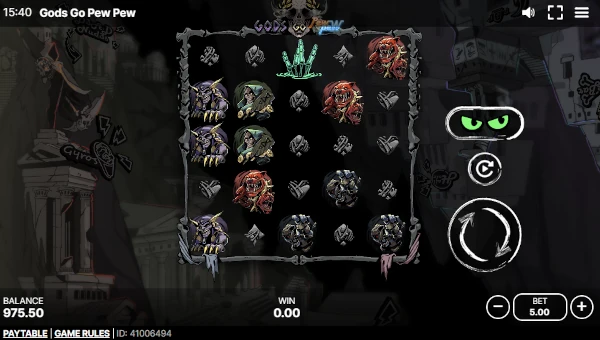 Gods Go Pew Pew base game screenshot showing reels and features