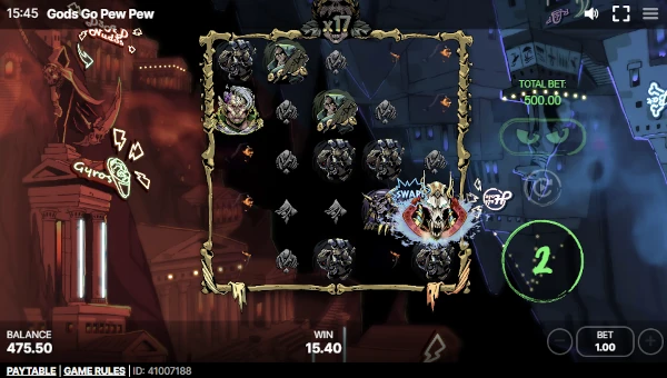 Screenshot of Gods Go Pew Pew slot demo showing reels and bonus game features