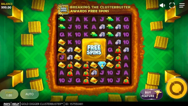 Gold Digger Clusterbuster base game screenshot showing reels and features
