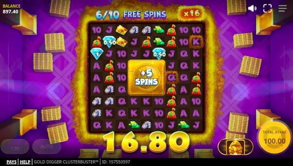 Screenshot of Gold Digger Clusterbuster slot demo showing reels and bonus game features