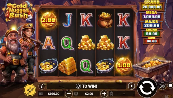 Gold Nugget Rush 2 base game screenshot showing reels and features