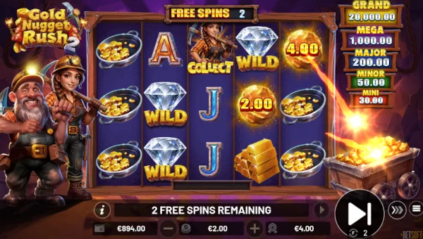 Screenshot of Gold Nugget Rush 2 slot demo showing reels and bonus game features