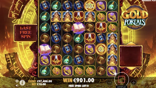 Screenshot of Gold Portals slot demo showing reels and bonus game features
