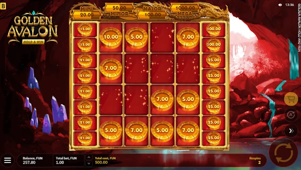 Screenshot of Golden Avalon Hold and Win slot demo showing reels and bonus game features