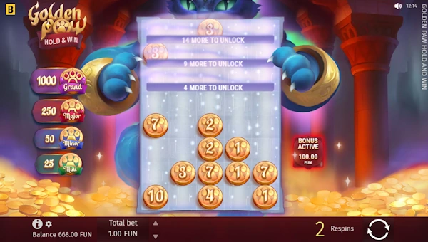 Screenshot of Golden Paw Hold and Win slot demo showing reels and bonus game features