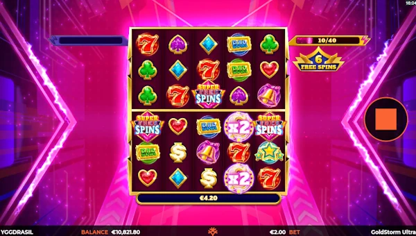 Screenshot of Goldstorm Ultra slot demo showing reels and bonus game features