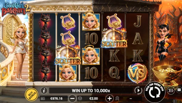 Good Girl Bad Girl 2 base game screenshot showing reels and features