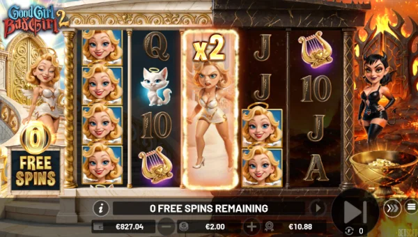 Screenshot of Good Girl Bad Girl 2 slot demo showing reels and bonus game features