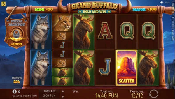 Grand Buffalo base game screenshot showing reels and features
