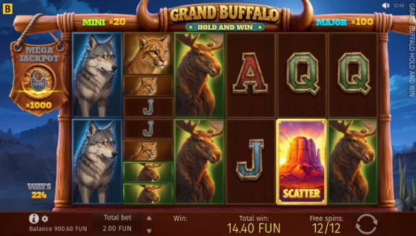 Screenshot of Grand Buffalo slot demo showing reels and bonus game features