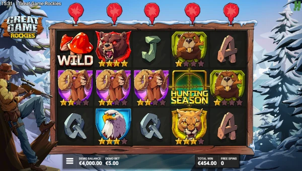 Screenshot of Great Game Rockies slot demo showing reels and bonus game features