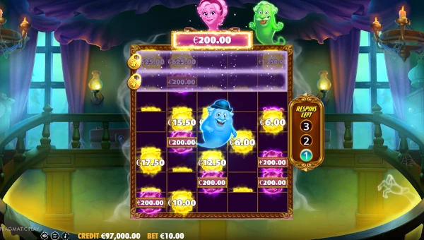 Screenshot of Great Ghosts slot demo showing reels and bonus game features