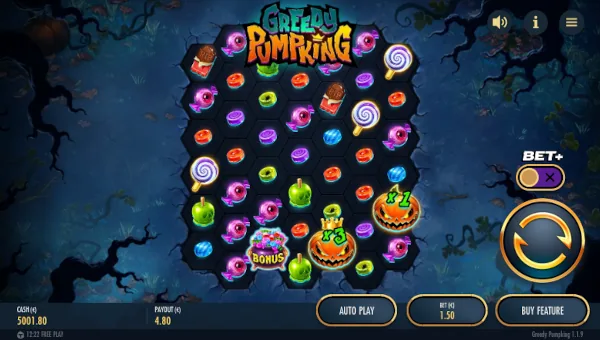 Greedy Pumpking base game screenshot showing reels and features