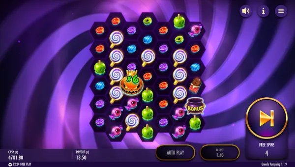 Screenshot of Greedy Pumpking slot demo showing reels and bonus game features