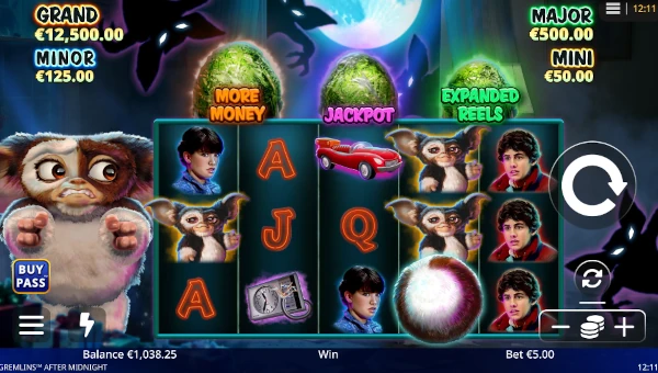 Gremlins After Midnight base game screenshot showing reels and features