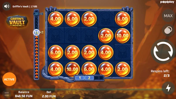 Screenshot of Griffins Vault slot demo showing reels and bonus game features