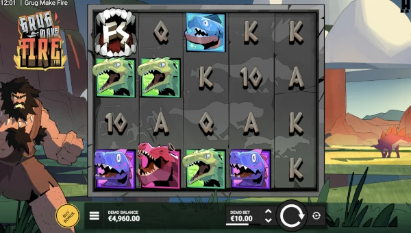 Grug Make Fire base game screenshot showing reels and features