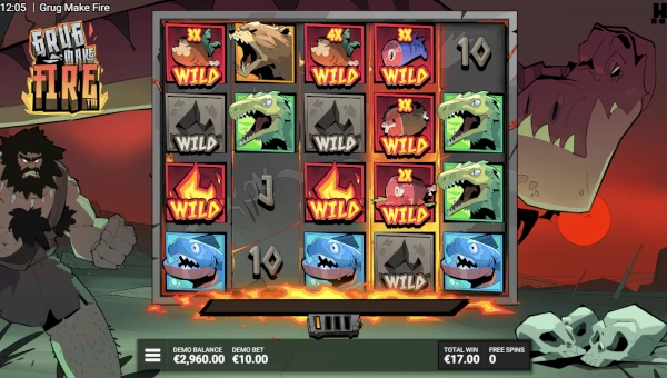 Screenshot of Grug Make Fire slot demo showing reels and bonus game features