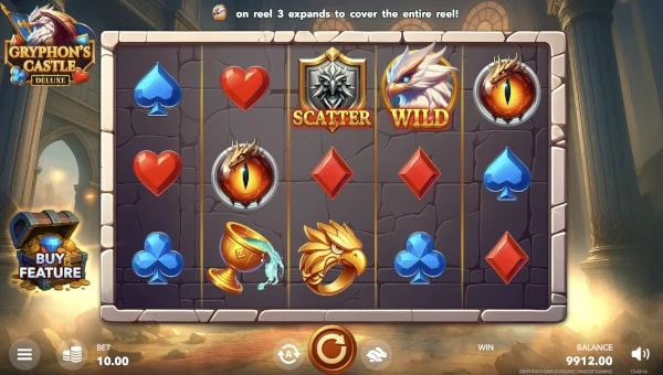 Gryphons Castle Deluxe base game screenshot showing reels and features