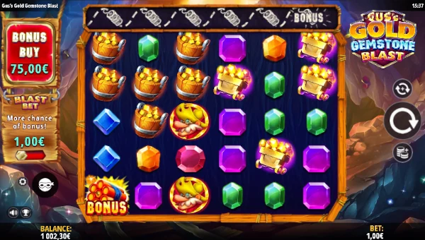 Guss Gold Gemstone Blast base game screenshot showing reels and features
