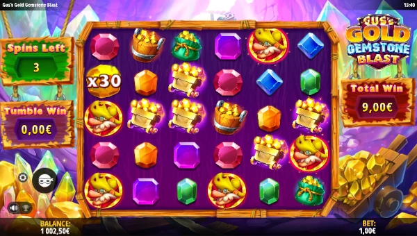 Screenshot of Guss Gold Gemstone Blast slot demo showing reels and bonus game features