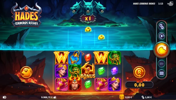 Hades Cerberus Riches base game screenshot showing reels and features