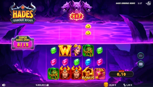 Screenshot of Hades Cerberus Riches slot demo showing reels and bonus game features