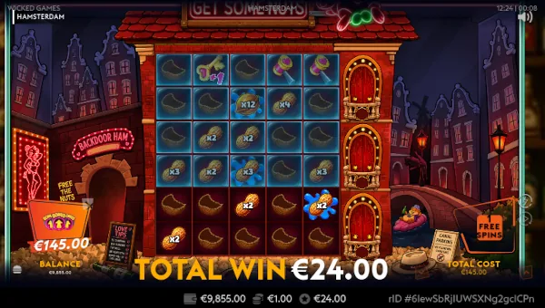 Screenshot of Hamsterdam slot demo showing reels and bonus game features