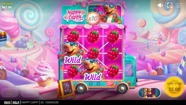 Screenshot of Happy Cappy slot demo showing reels and bonus game features