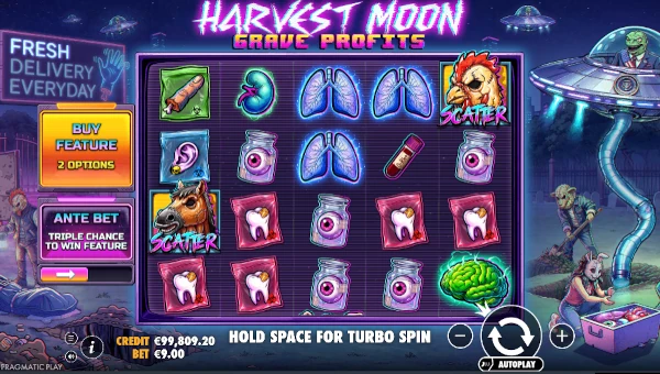 Harvest Moon Grave Profits base game screenshot showing reels and features