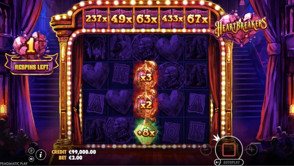 Screenshot of Heartbreakers slot demo showing reels and bonus game features