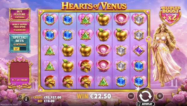 Hearts of Venus base game screenshot showing reels and features