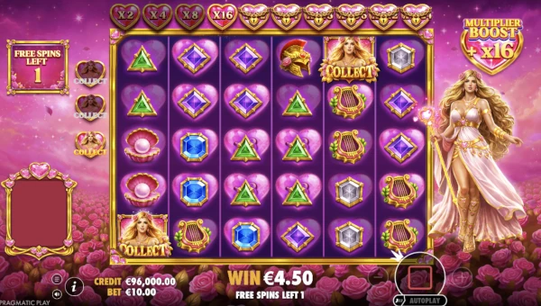 Screenshot of Hearts of Venus slot demo showing reels and bonus game features